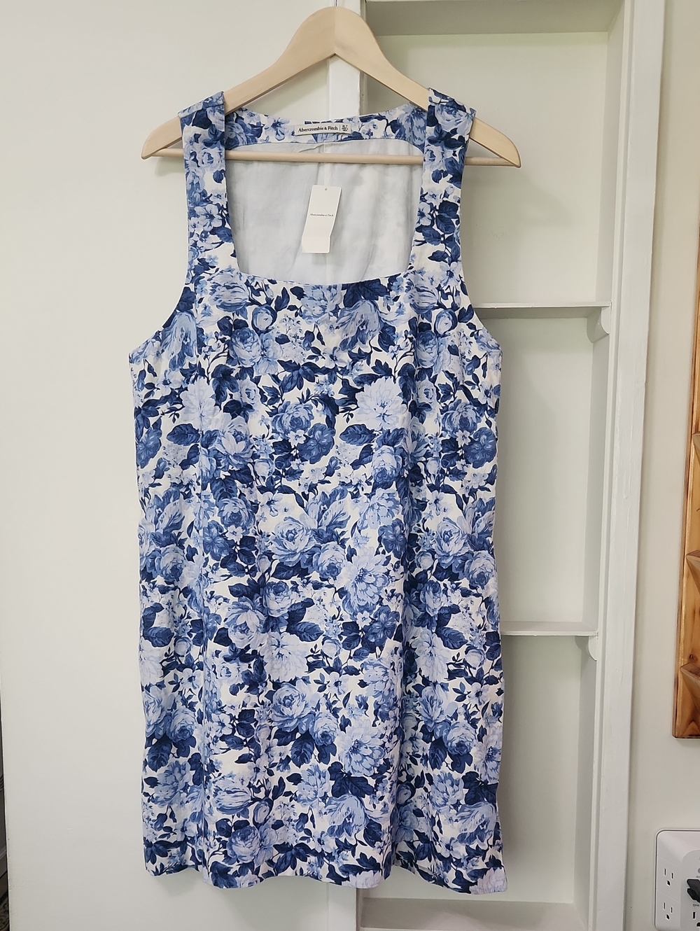 Abercrombie & Fitch Linen Wide Strap Mini Dress Square Neck Blue White XLT - Picture 2 of 16
